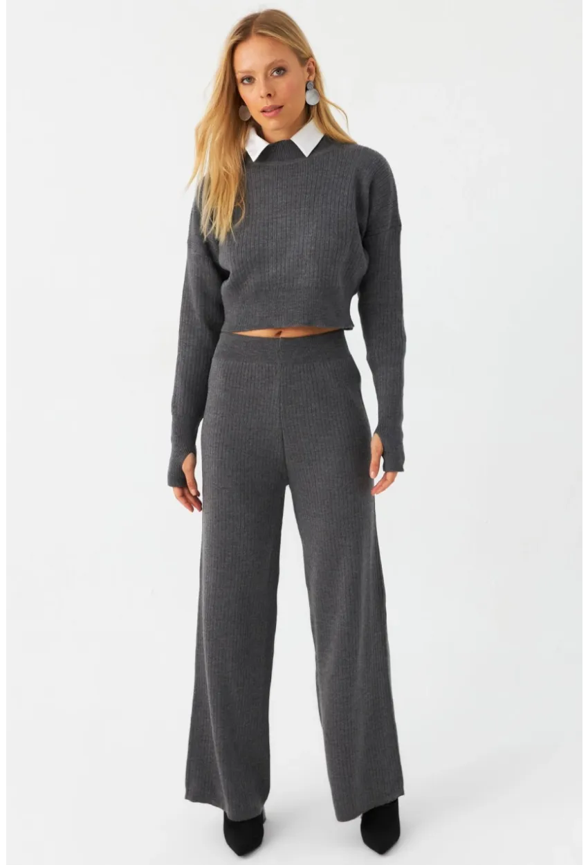 Kadın Antrasit Alt Üst Triko Takım ELT163