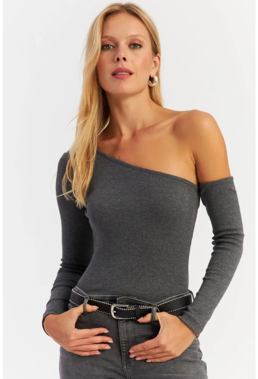 Kadın Antrasit Asimetrik Kollu Kaşkorse Bluz HOR1