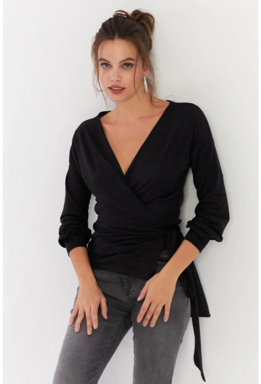 Kadın Antrasit Bağlamalı Kruvaze Bluz EY2933