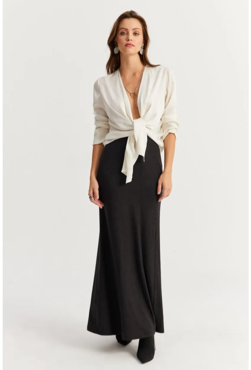 Kadın Antrasit Beli Lastikli Evoze Maxi Etek EY2923