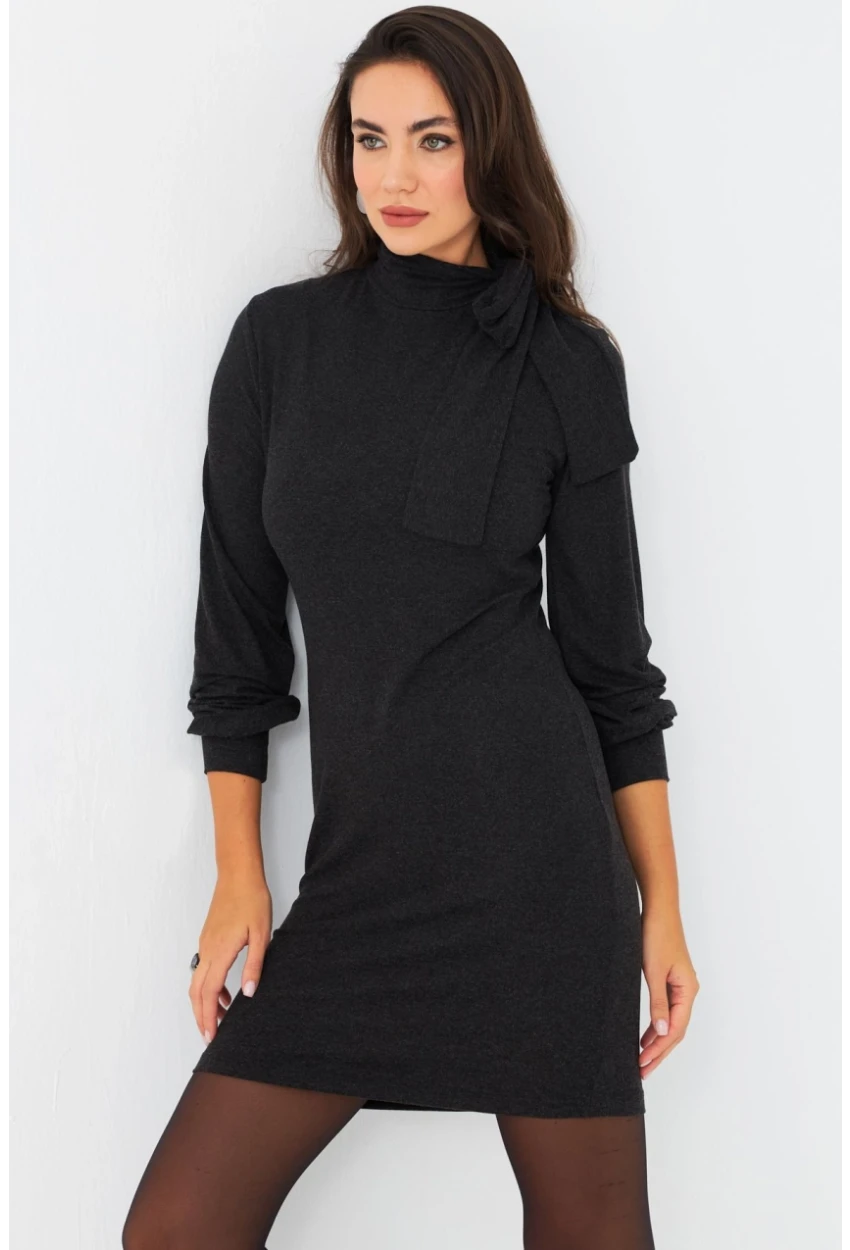 Kadın Antrasit Boyundan Bağlamalı Midi Elbise EY2971