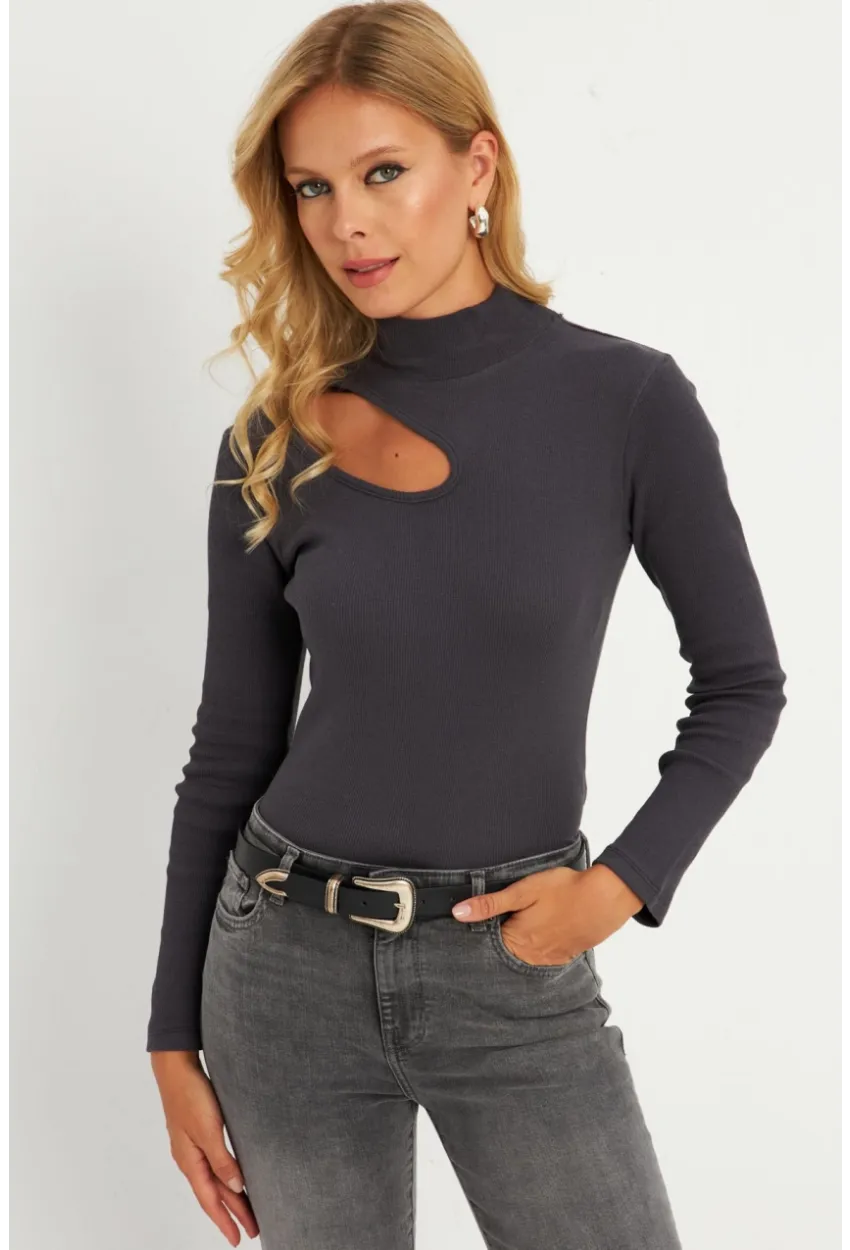Kadın Antrasit Çapraz Yaka Yarım Balıkçı Bluz B1404