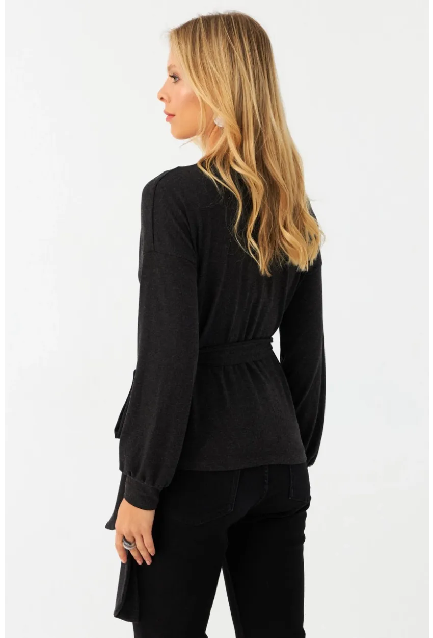 Kadın Antrasit Dantel Detaylı Kruvaze Bluz EY2992