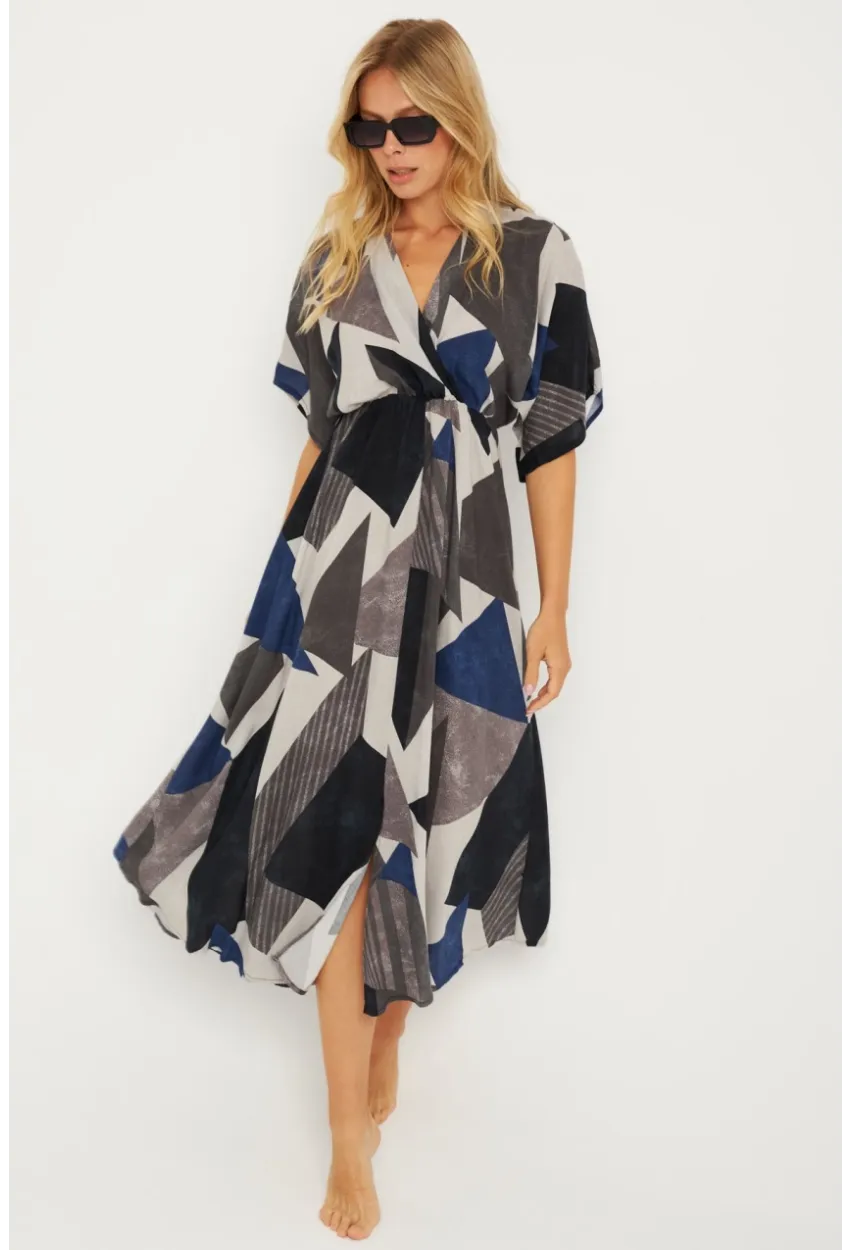 Kadın Antrasit Desenli Kruvaze Midi Elbise HT108