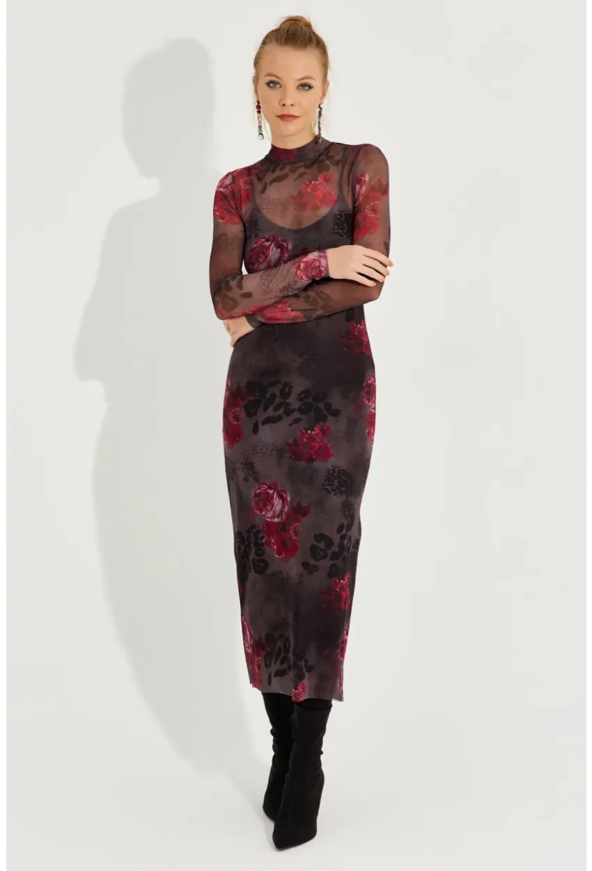 Kadın Antrasit Desenli Midi Tül Elbise YEL221355