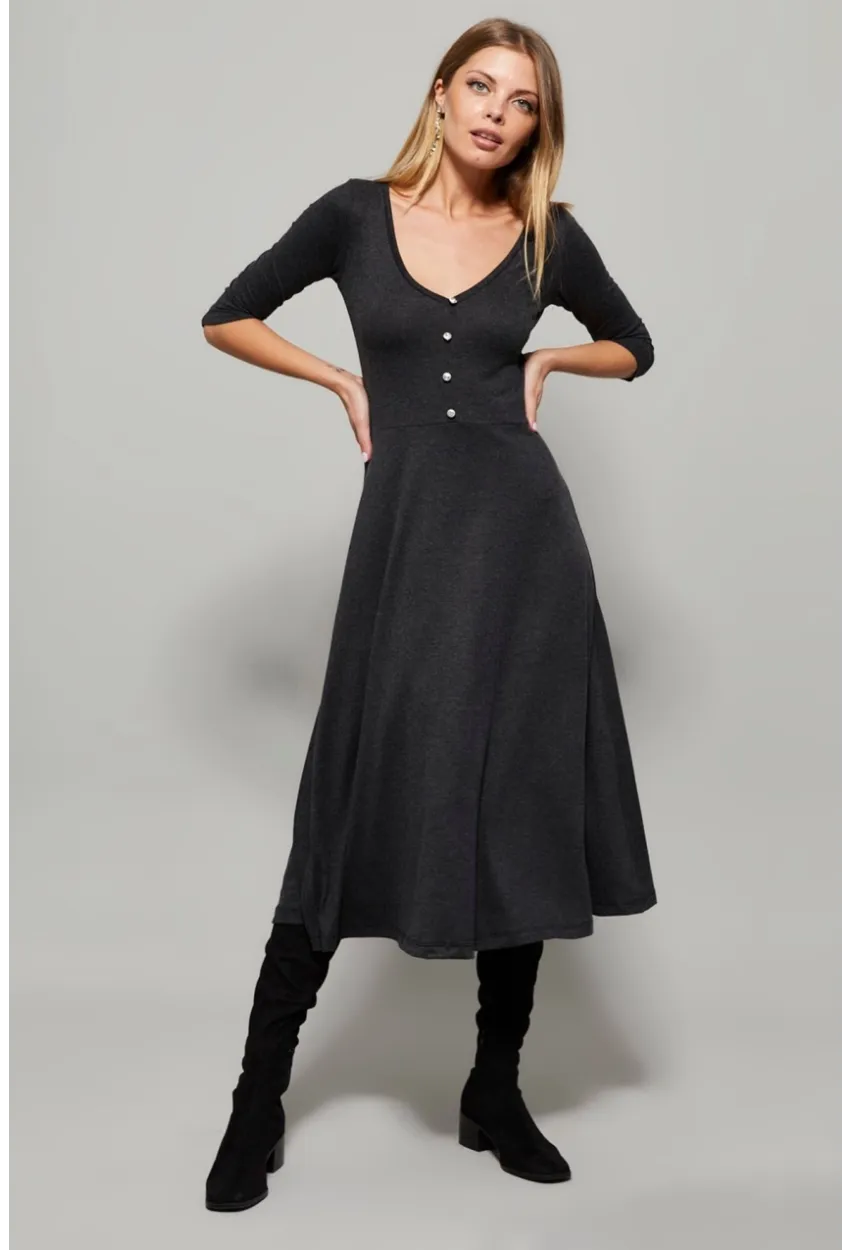 Kadın Antrasit Düğme Aksesuarlı V Yaka Elbise EY1123