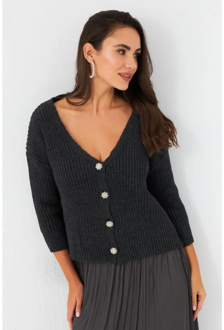 Kadın Antrasit Düğme Detaylı Hırka KAZ30
