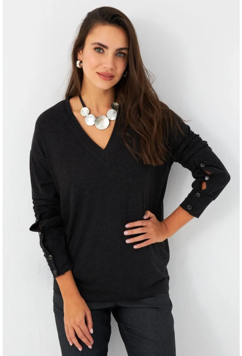 Kadın Antrasit Düğme Detaylı V Yaka Bluz EY2982