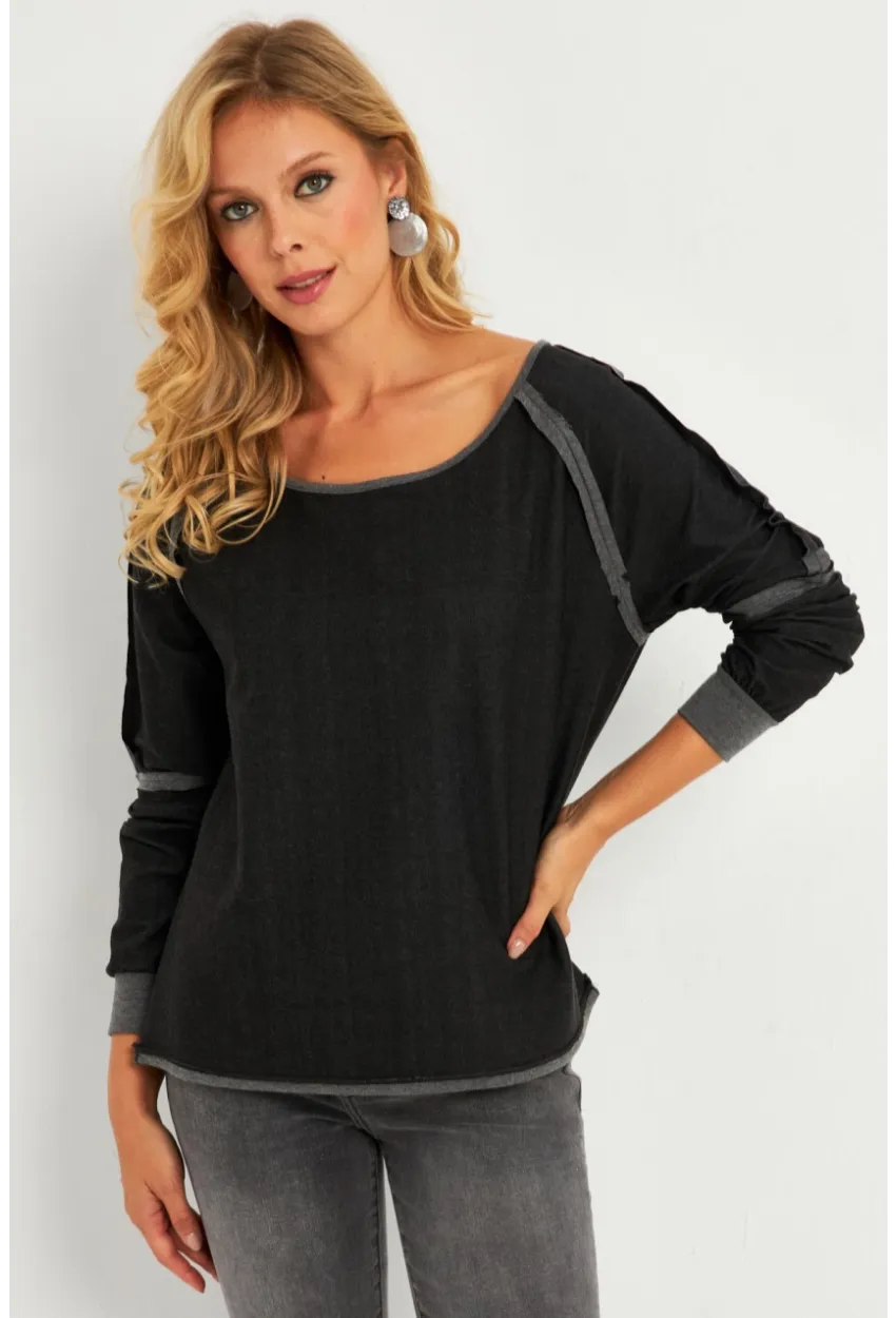 Kadın Antrasit Kayık Yaka Ters Dikişli Sweatshirt TF10
