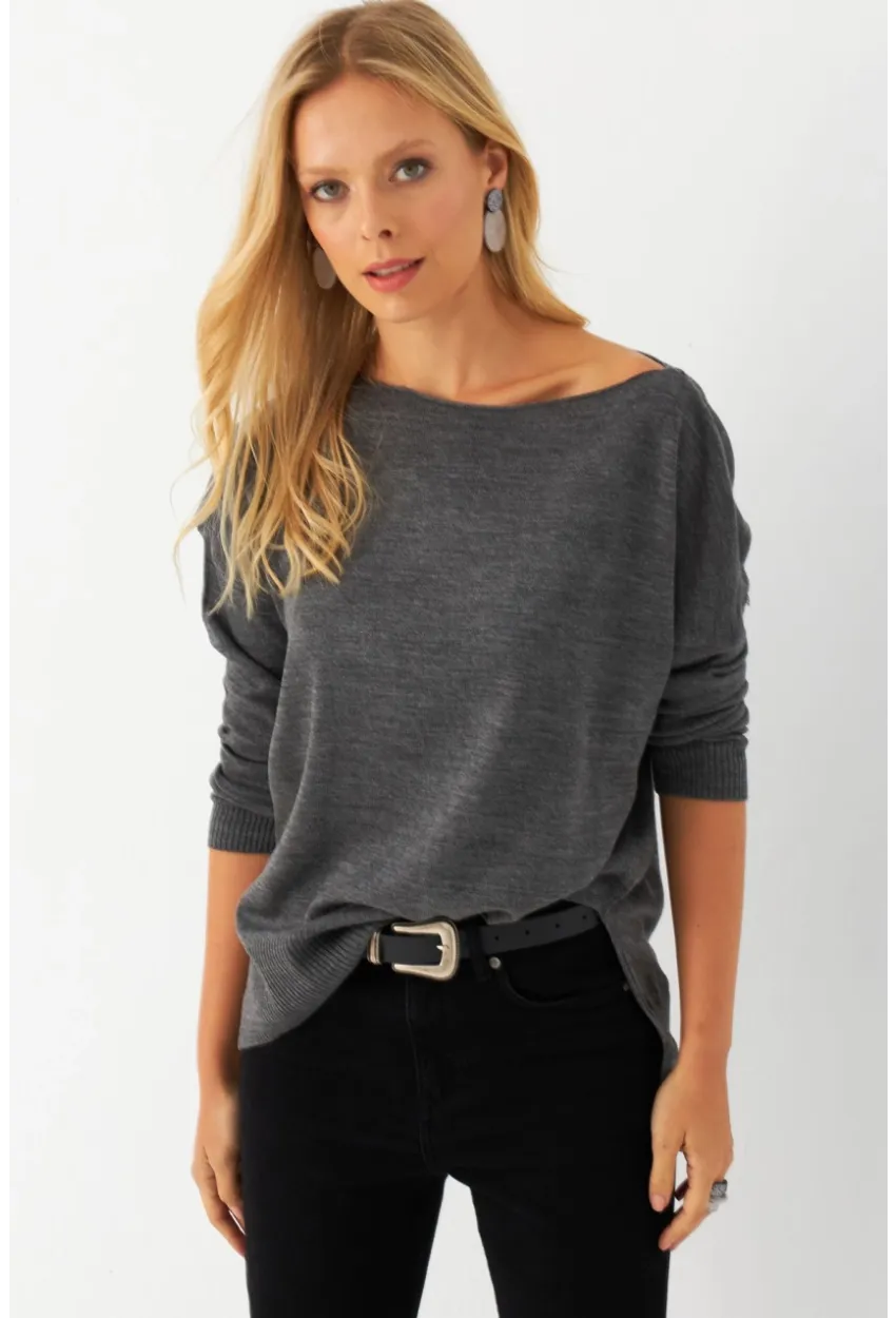Kadın Antrasit Kayık Yaka Triko Bluz YİL561
