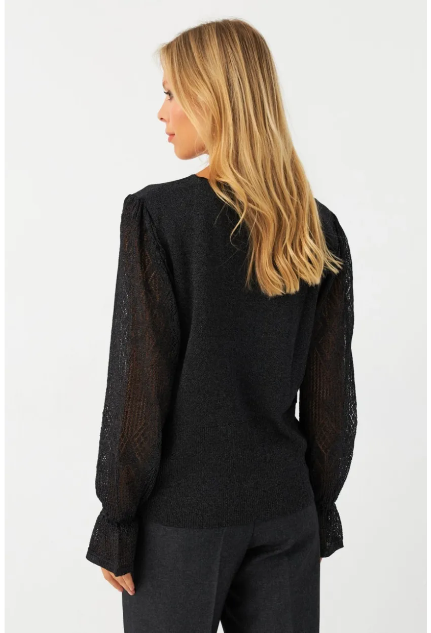 Kadın Antrasit Kol Detaylı Metalik Bluz AYD391