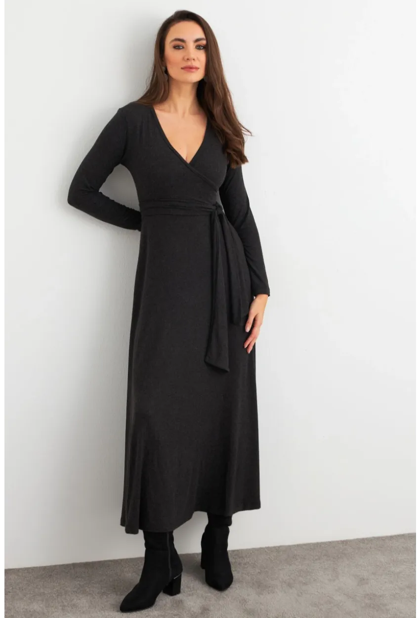 Kadın Antrasit Kruvaze Bağlamalı Midi Elbise EY3020