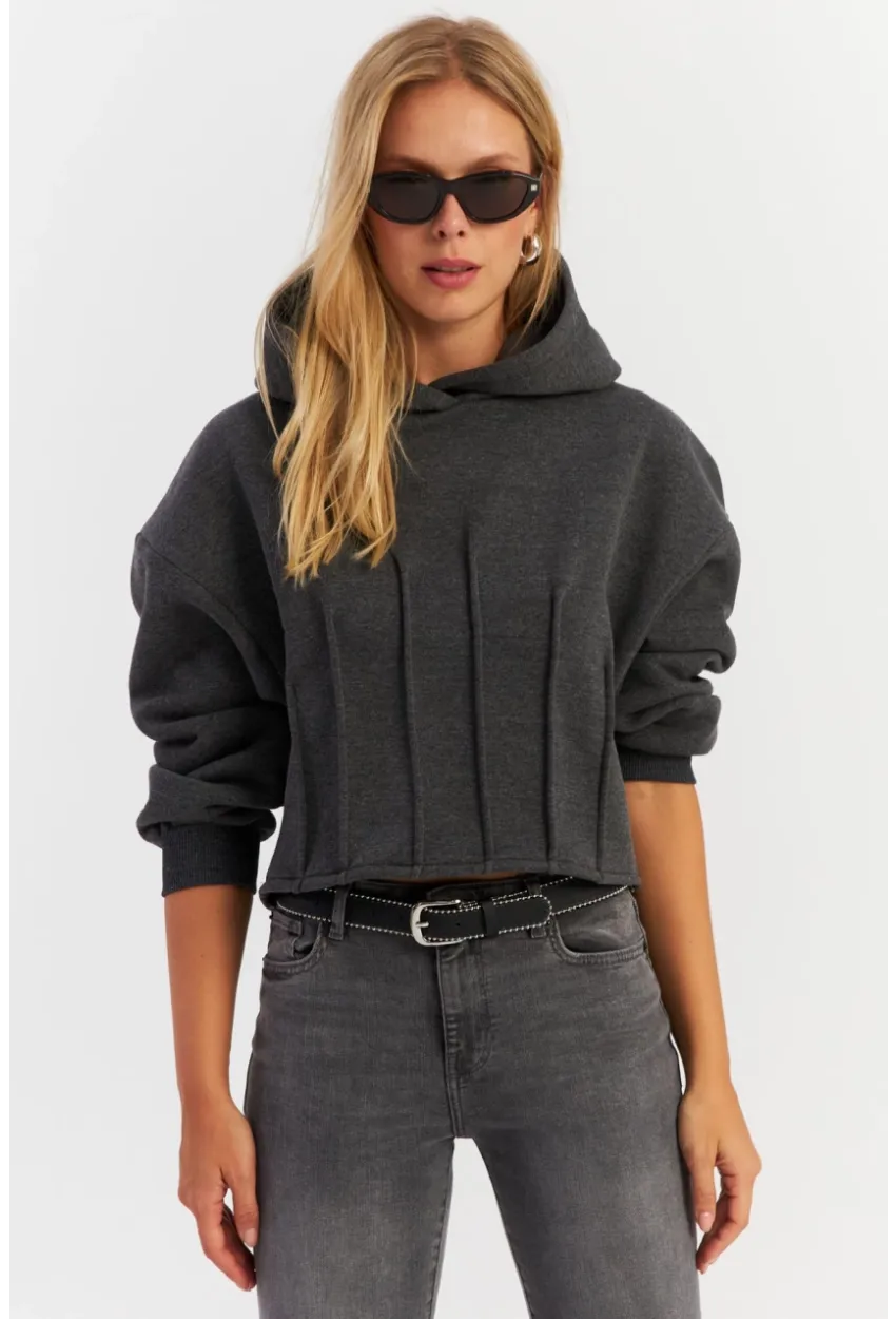 Kadın Antrasit Nervüllü Üç İplik Sweatshirt TF13