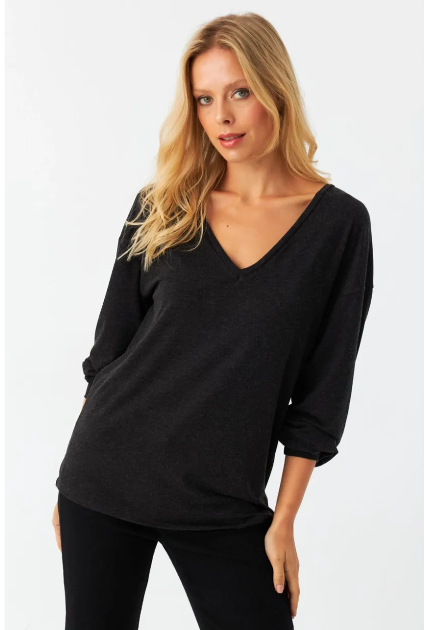 Kadın Antrasit Ön Arka V Salaş Bluz EY3003