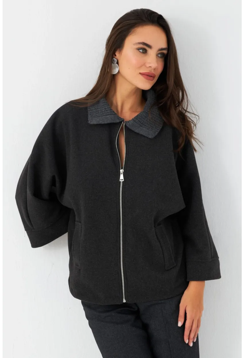 Kadın Antrasit Örme Yaka Kaşe Ceket CAR1080