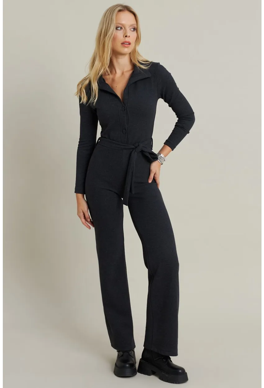 Kadın Antrasit Polo Yaka Kemerli Tulum YLE1099