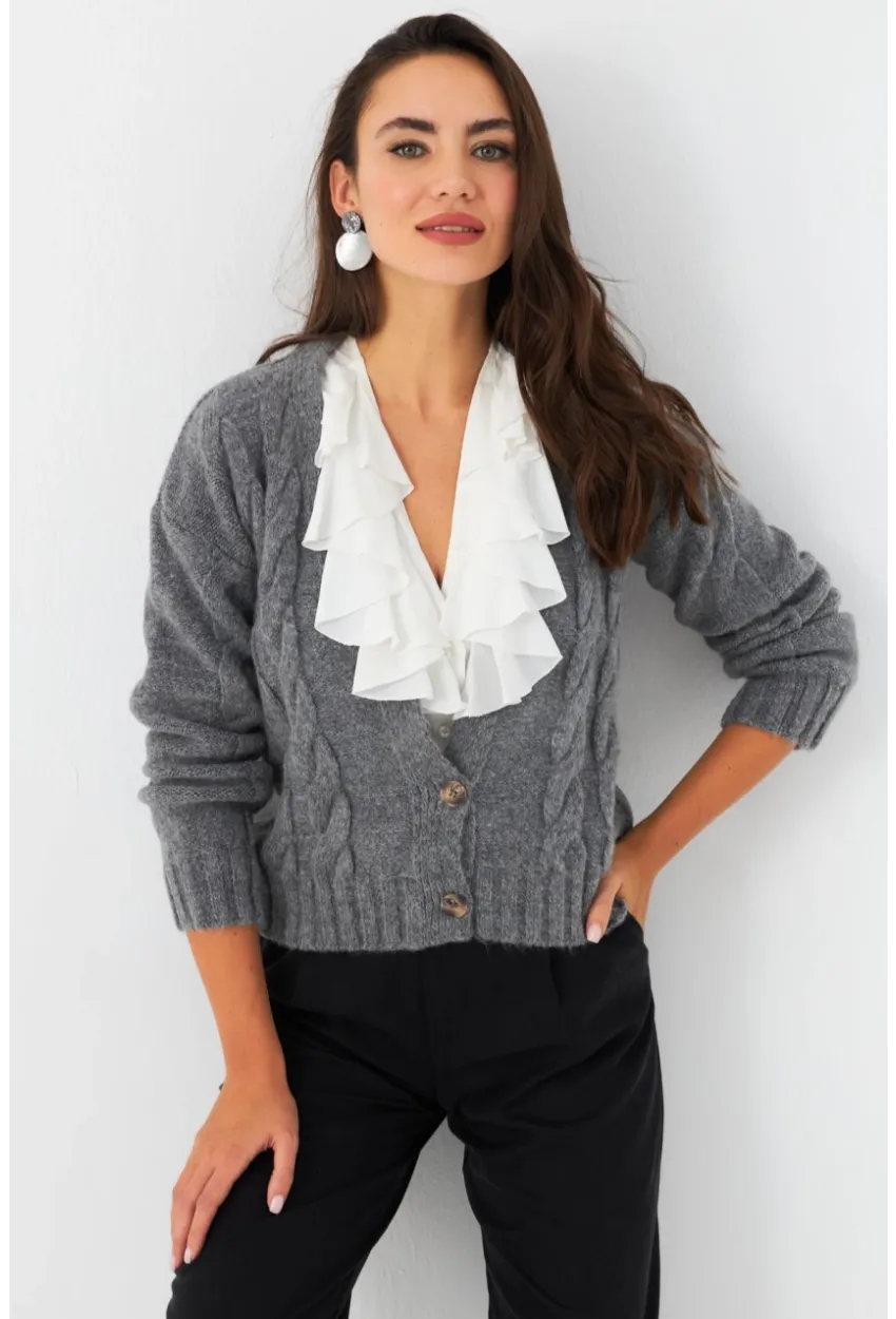 Kadın Antrasit Saç Örgülü Hırka YV295