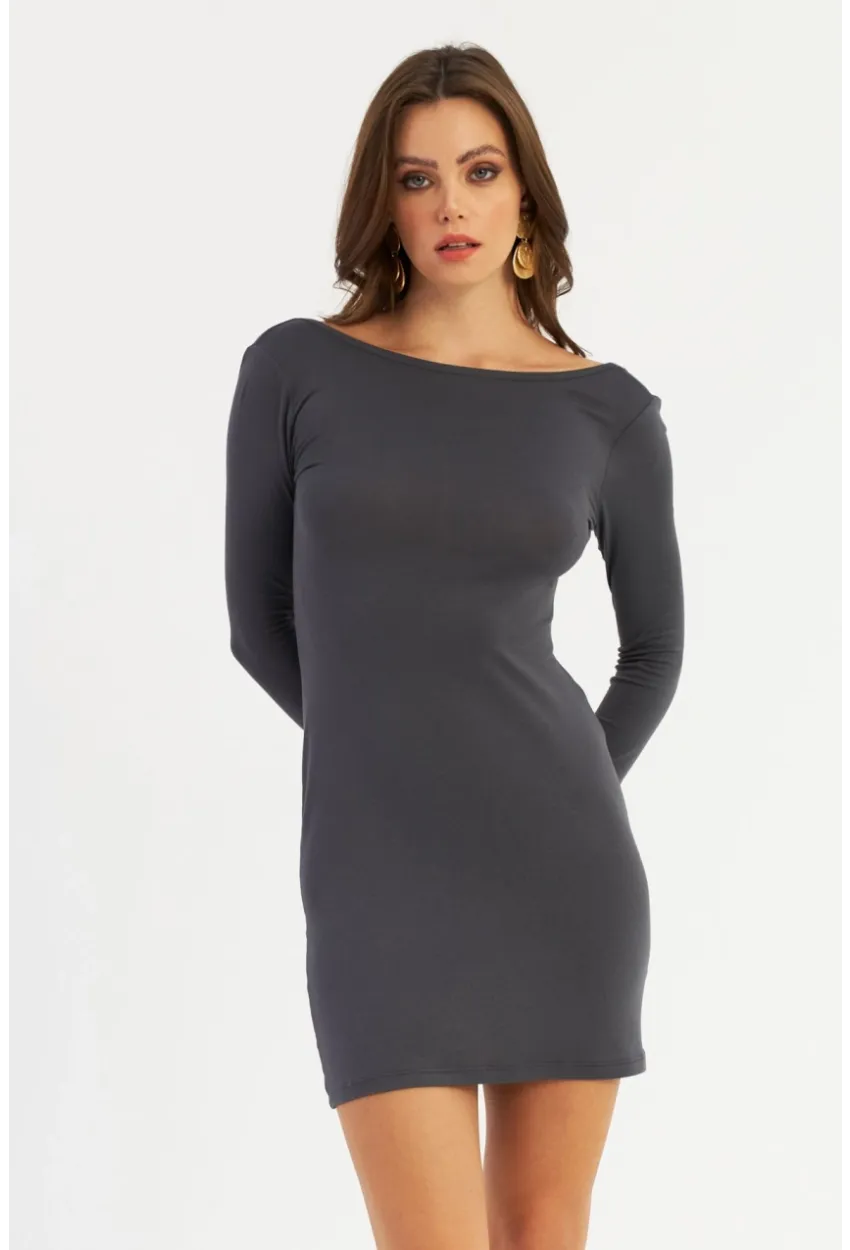 Kadın Antrasit Sırt Dekolteli Mini Elbise HOR36