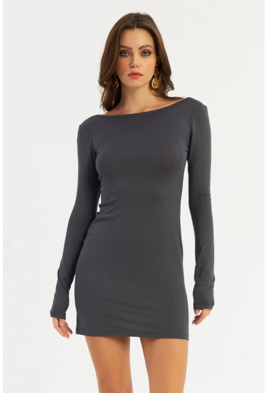 Kadın Antrasit Sırt Dekolteli Mini Elbise HOR36