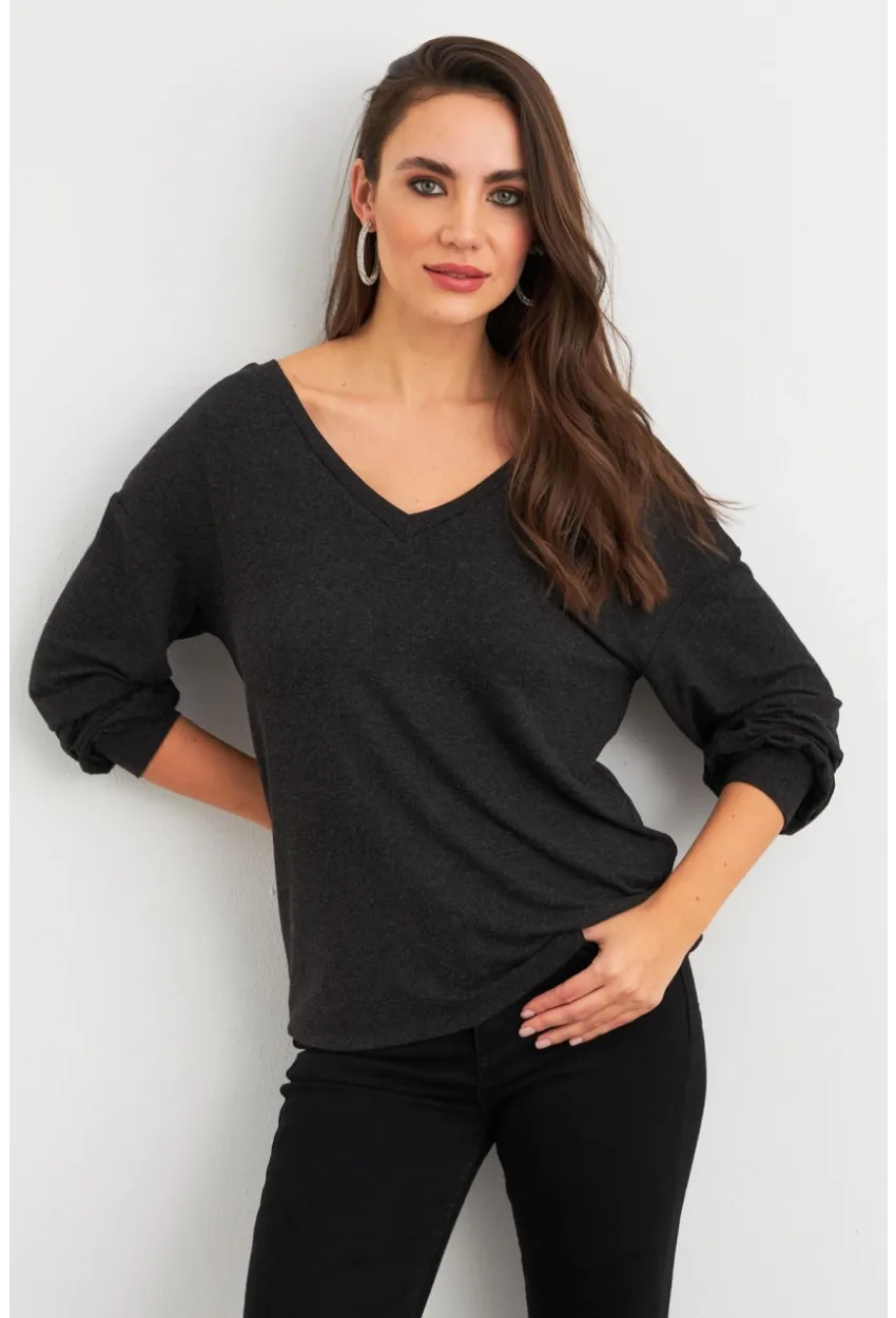Kadın Antrasit Sırtı Fiyonklu Bluz EY3022