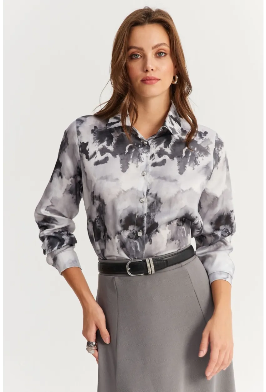 Kadın Antrasit Taş Düğmeli Desenli Gömlek MLVF9