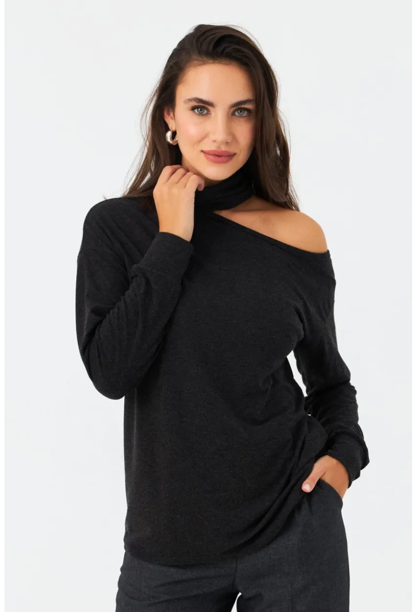 Kadın Antrasit Tek Omuz Açık Balıkçı Bluz EY2981