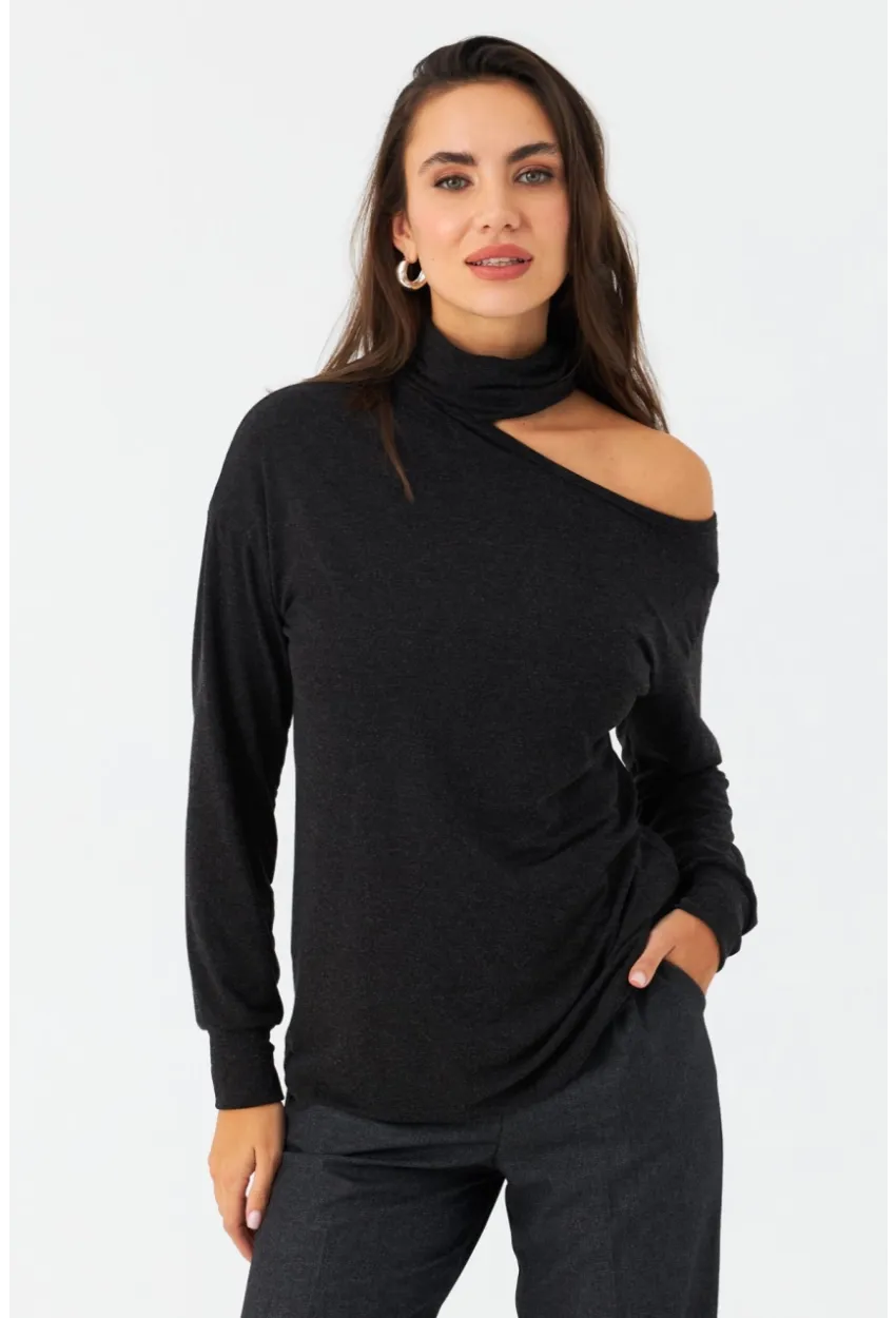 Kadın Antrasit Tek Omuz Açık Balıkçı Bluz EY2981