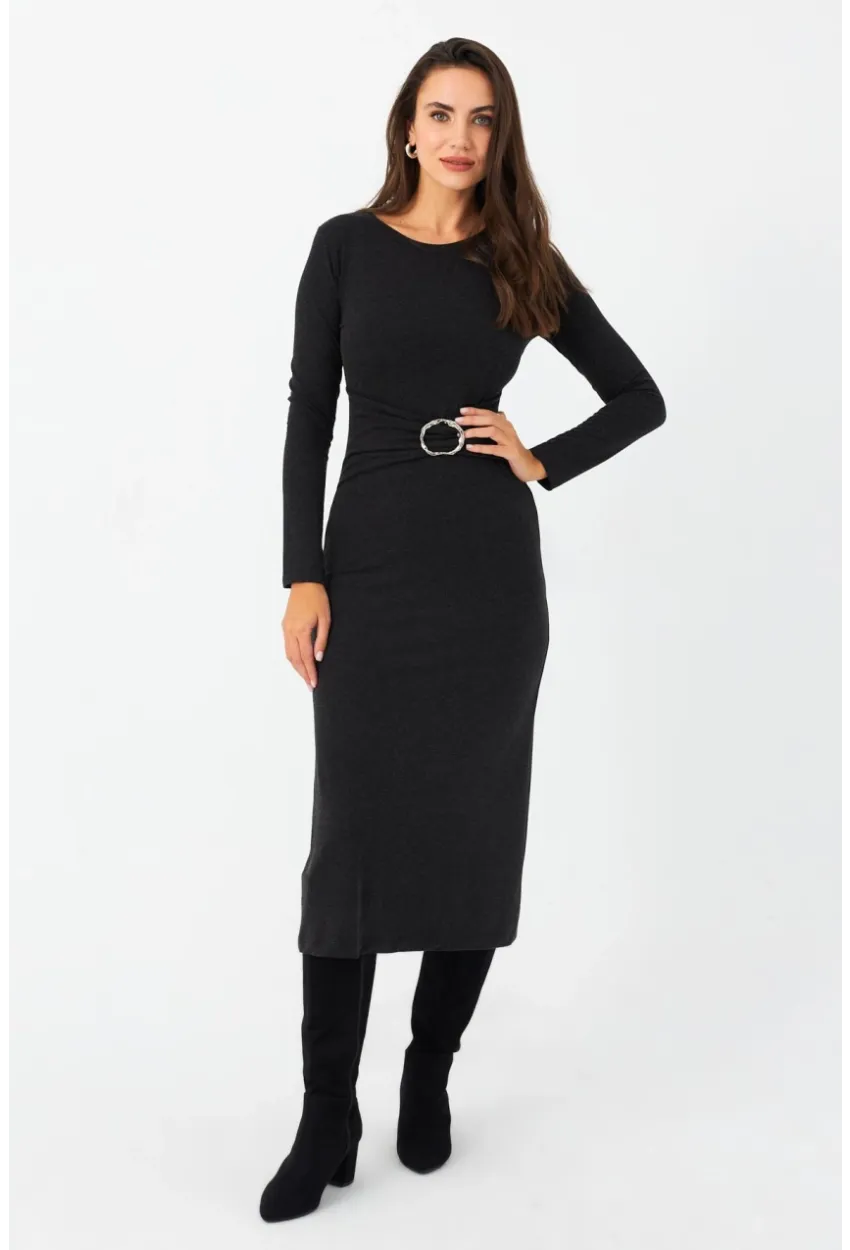 Kadın Antrasit Tokalı Midi Elbise EY2984