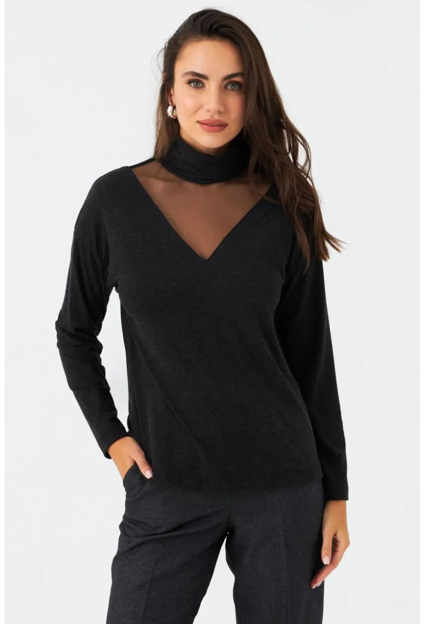 Kadın Antrasit Tül Detaylı Balıkçı Bluz EY2980