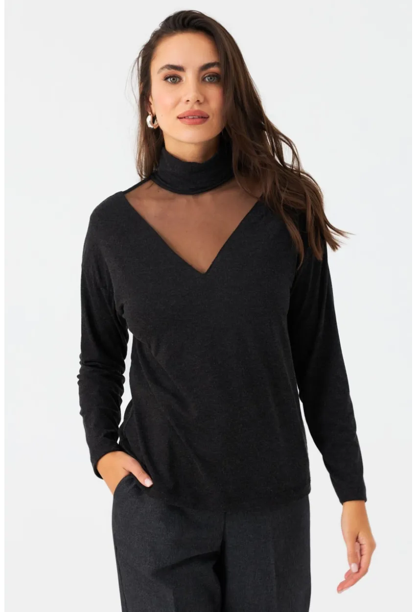 Kadın Antrasit Tül Detaylı Balıkçı Bluz EY2980