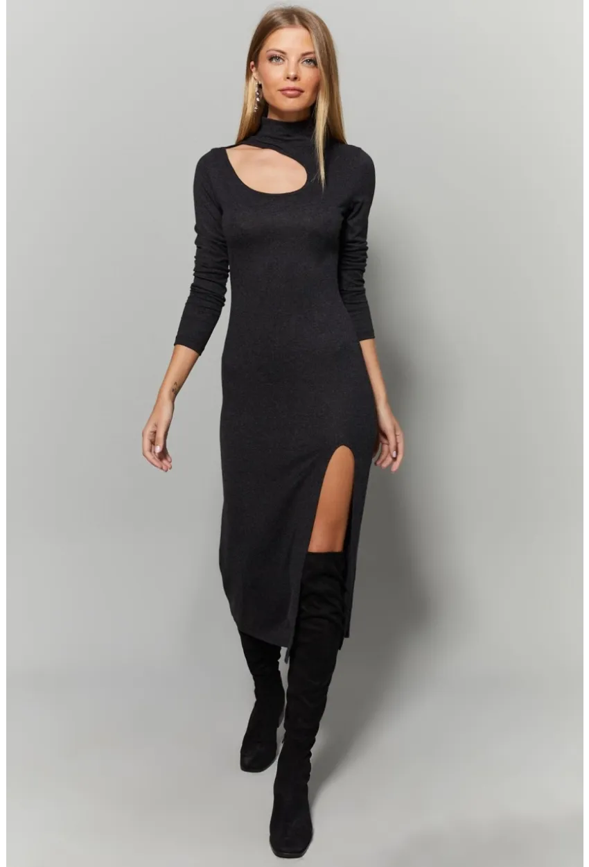 Kadın Antrasit Yaka Pencereli Yırtmaçlı Elbise Yİ1984