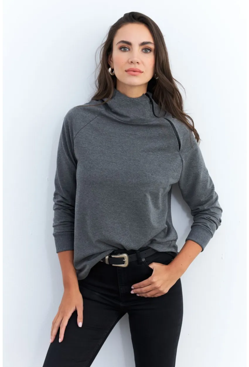 Kadın Antrasit Yakası Fermuarlı Sweatshirt TF11