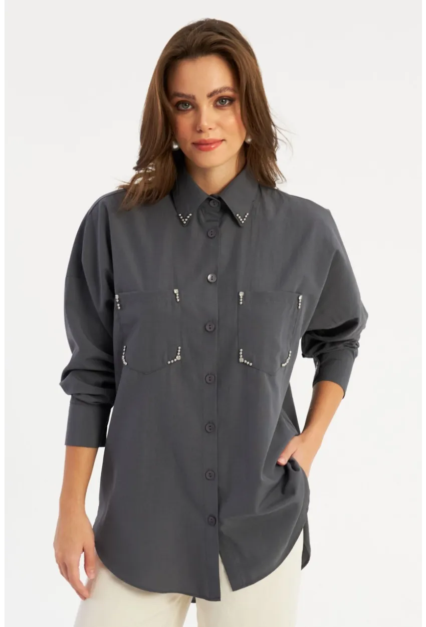 Kadın Antrasit Zımbalı Gömlek MASF2