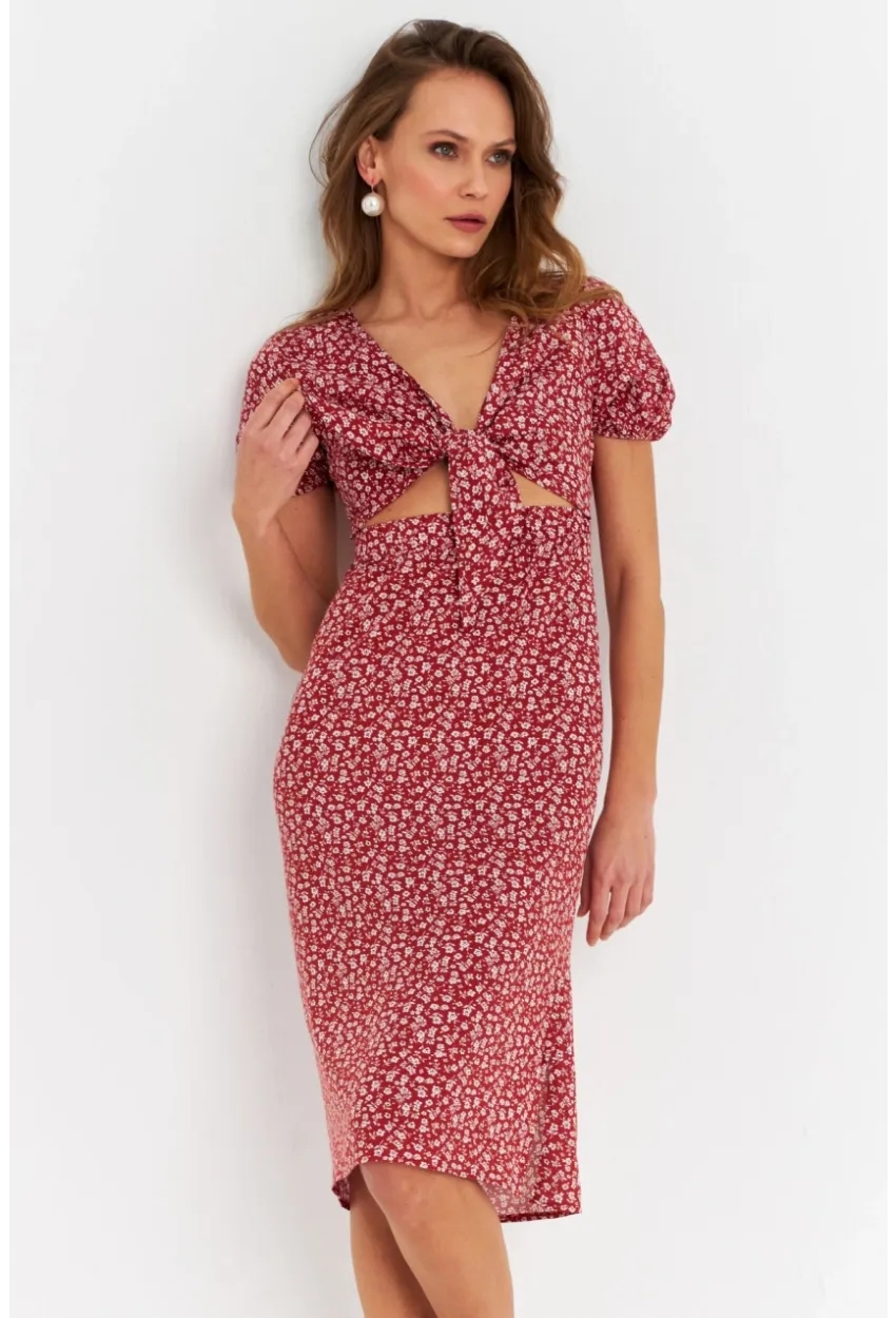 Kadın Badem Düğümlü Pencereli Midi Elbise Q1002