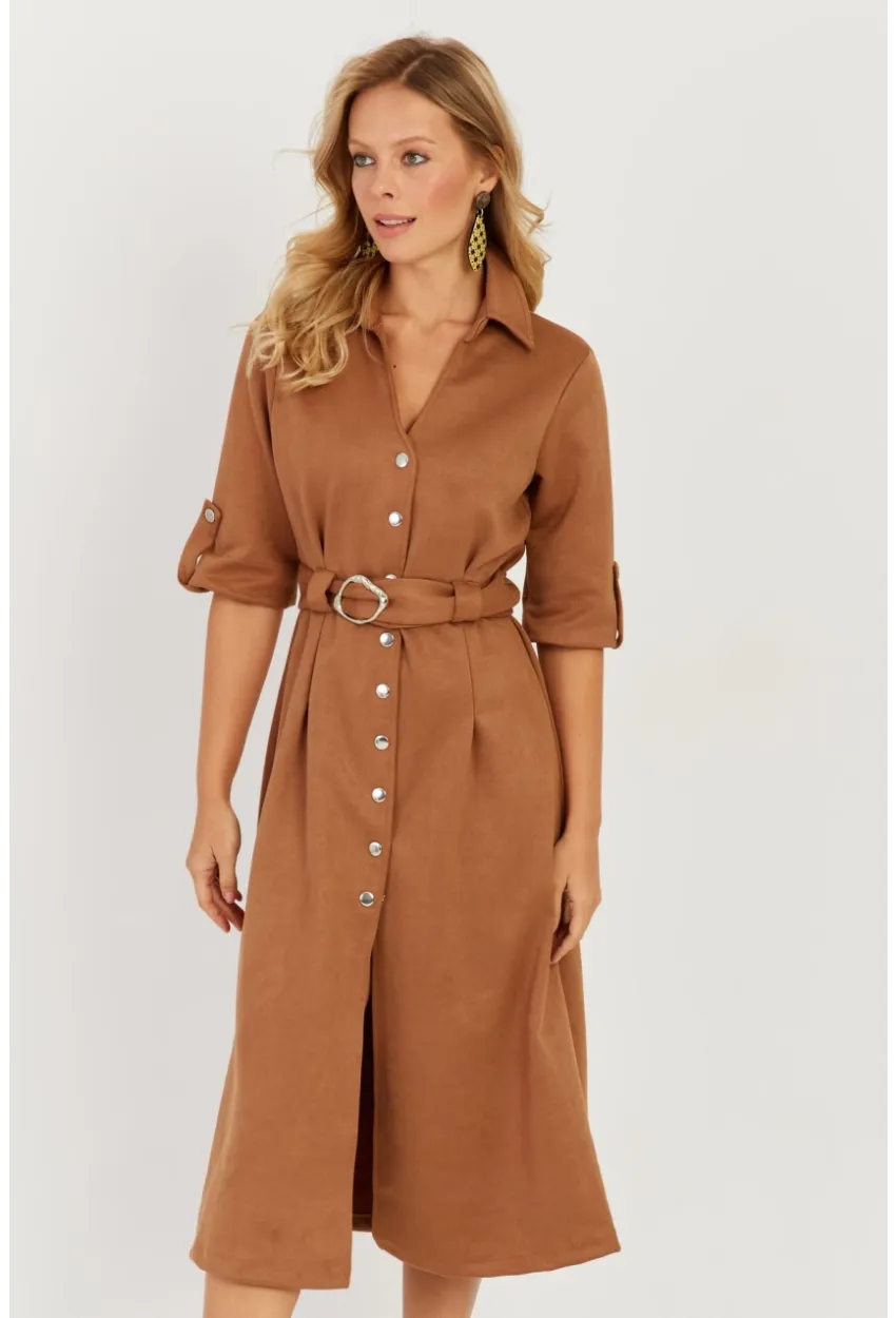 Kadın Badem Nubuk Midi Gömlek Elbise KED4023