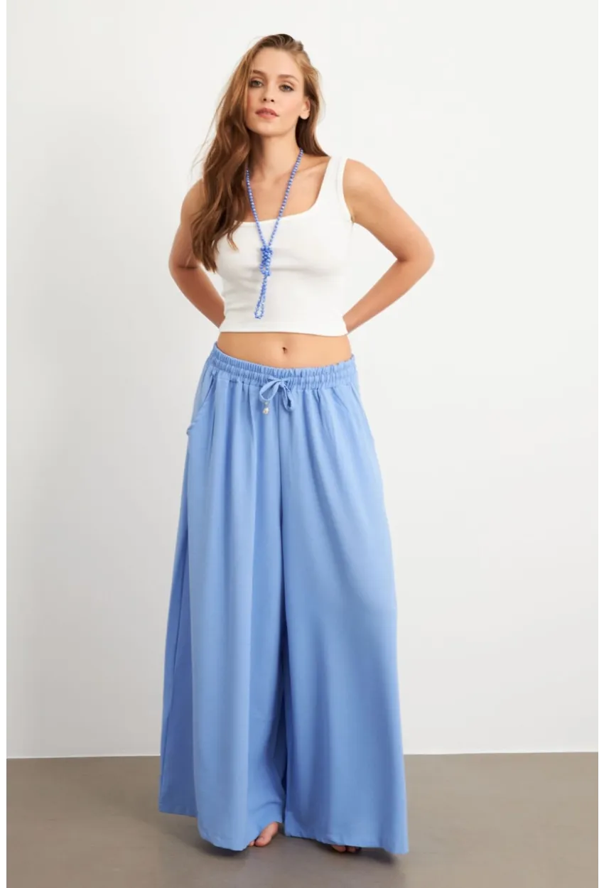 Kadın Bebe Mavi Beli Lastikli Cepli Palazzo Pantolon Sİ1155