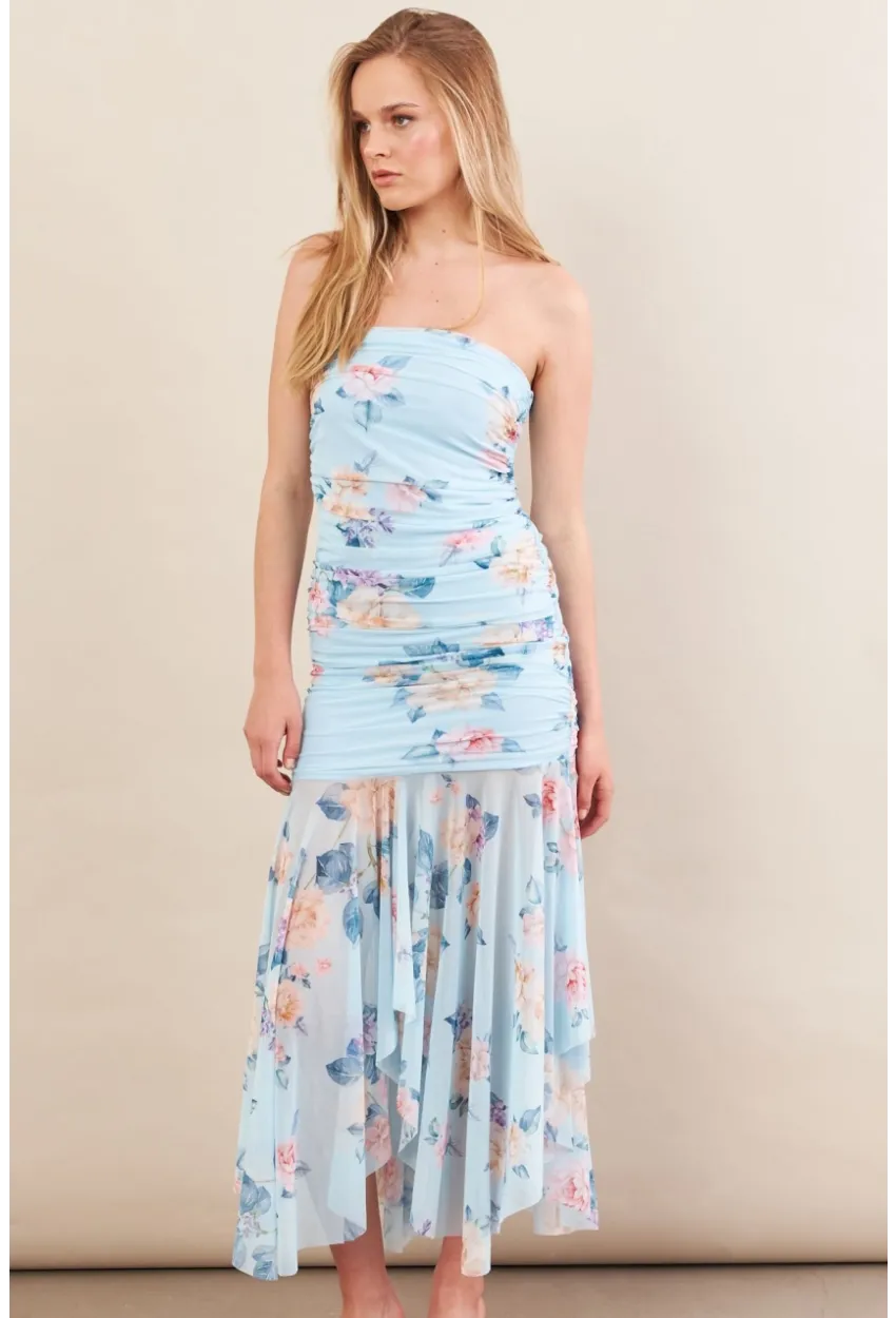 Kadın Bebe Mavi Drapeli Straplez Midi Tül Elbise ERL101