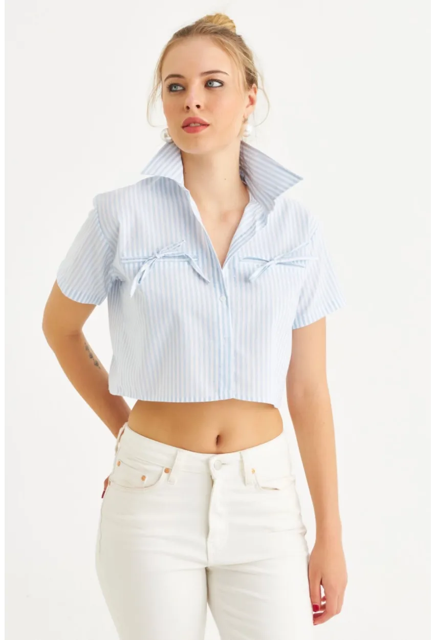Kadın Bebe Mavi Kurdele Detaylı Crop Gömlek MPC302