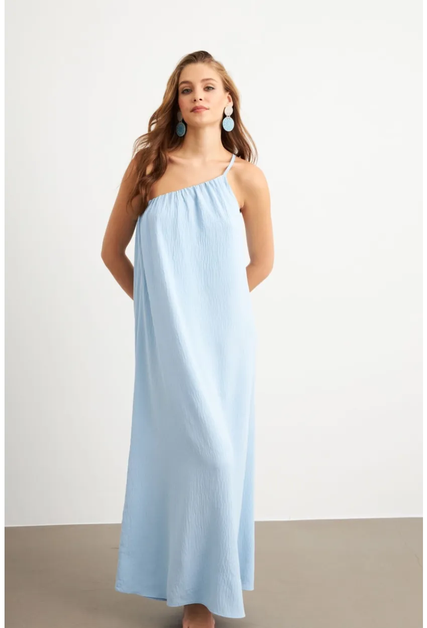 Kadın Bebe Mavi Tek Omuz Maxi Elbise İRE1012