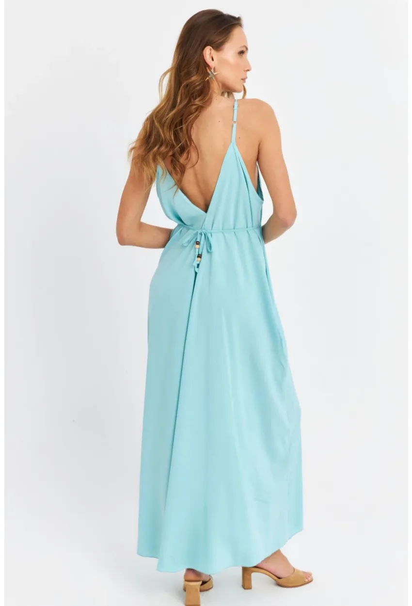 Kadın Bebe Mavi Ön Arka V Cepli Salaş Midi Elbise PC10758