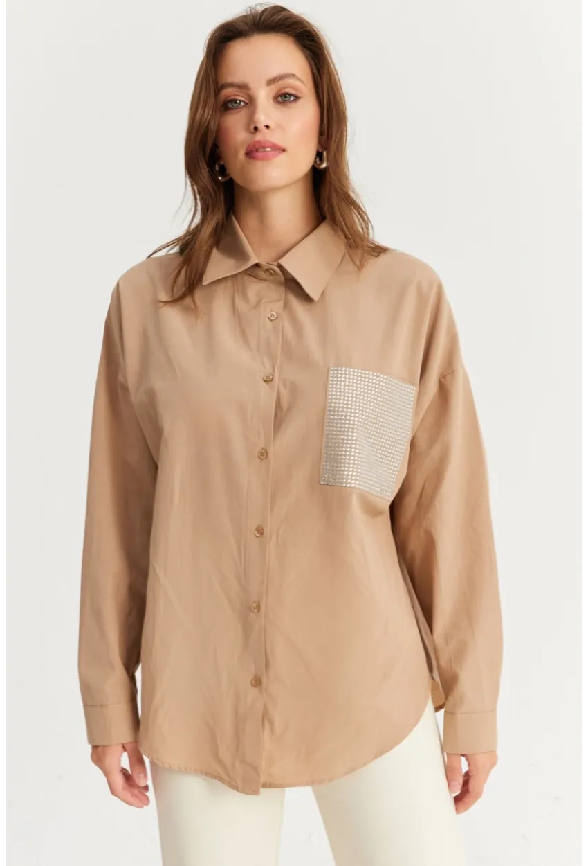 Kadın Bej Cepli Taşlı Gömlek ZER414