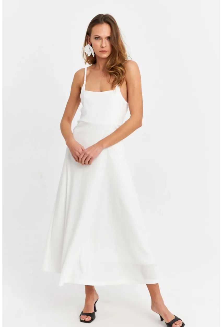 Kadın Beyaz Askılı Bürümcük Midi Elbise EY3057