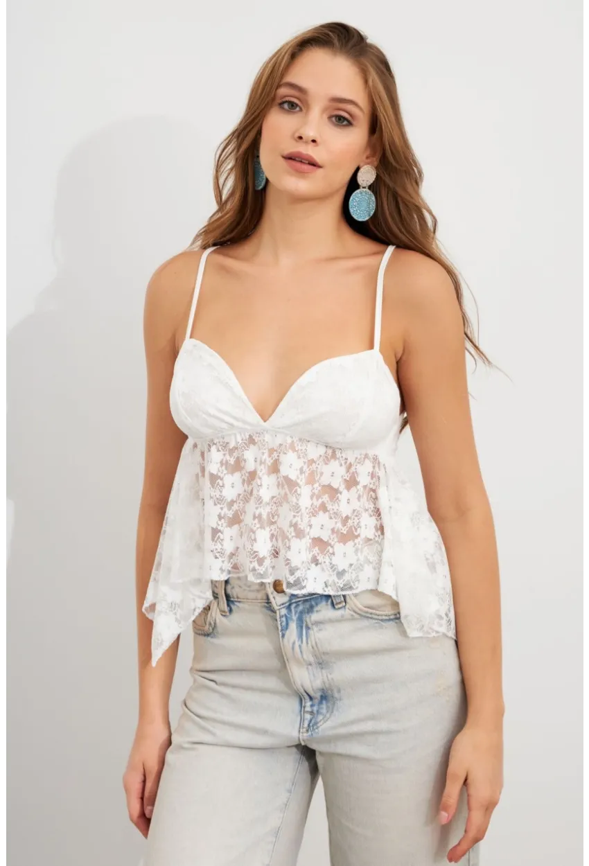 Kadın Beyaz Askılı Dantel Crop Bluz MTK13458