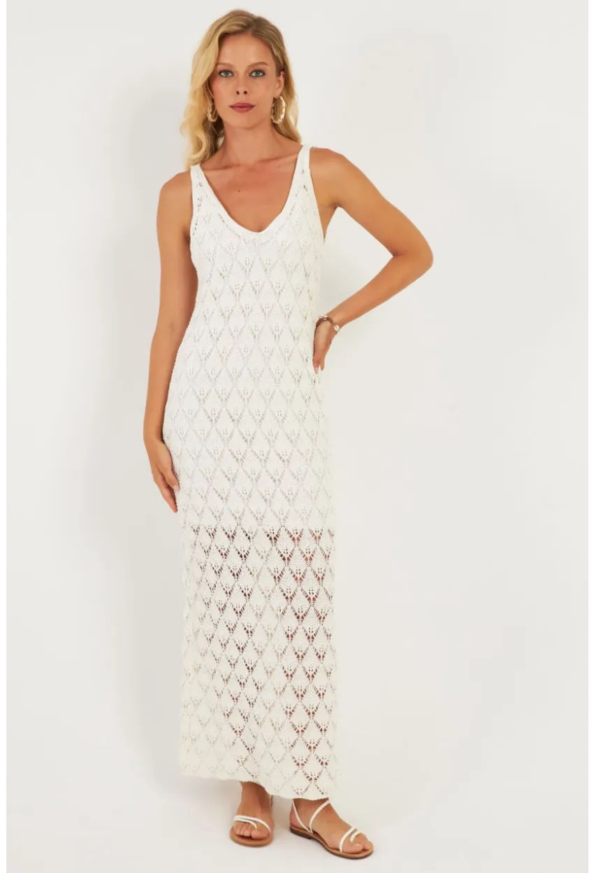 Kadın Beyaz Astarlı Triko Maxi Elbise KZ3211