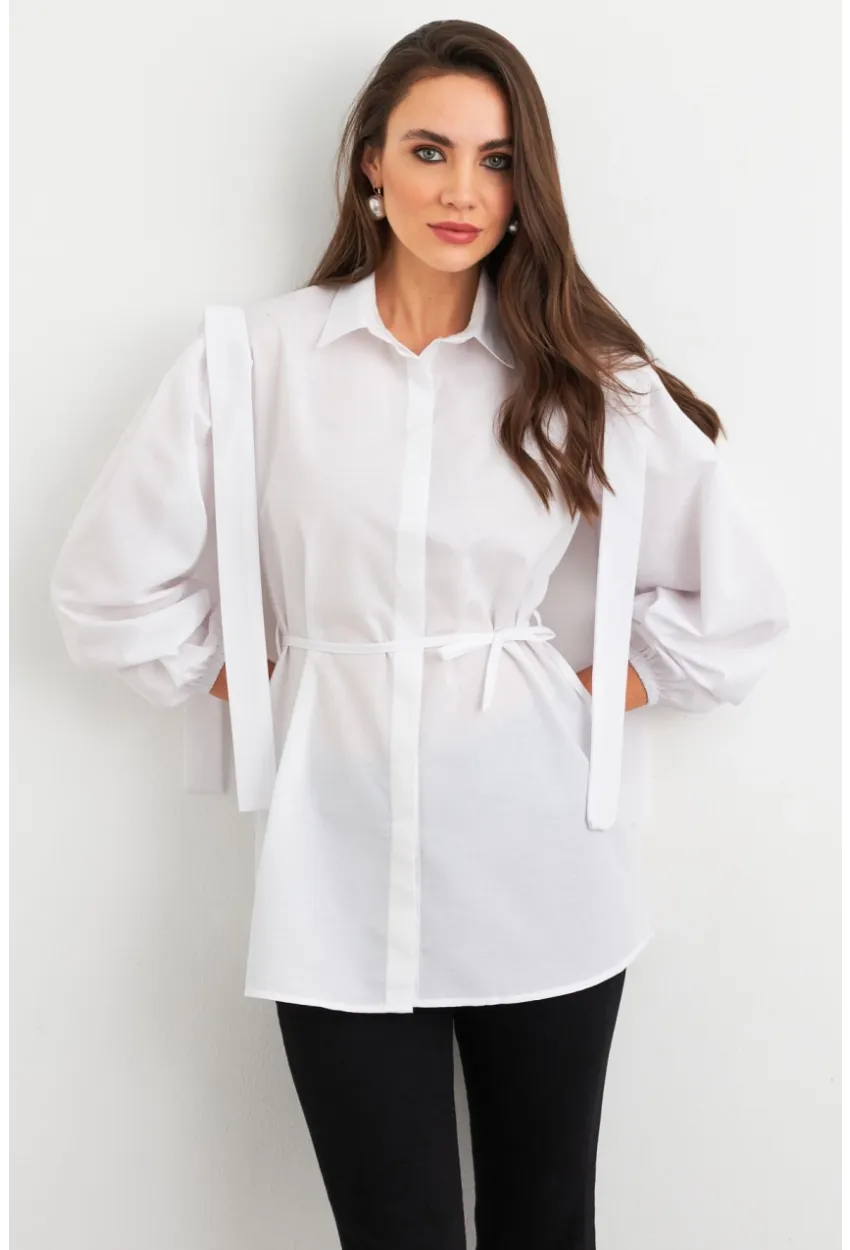 Kadın Beyaz Bağlama Detaylı Basic Gömlek MASF185