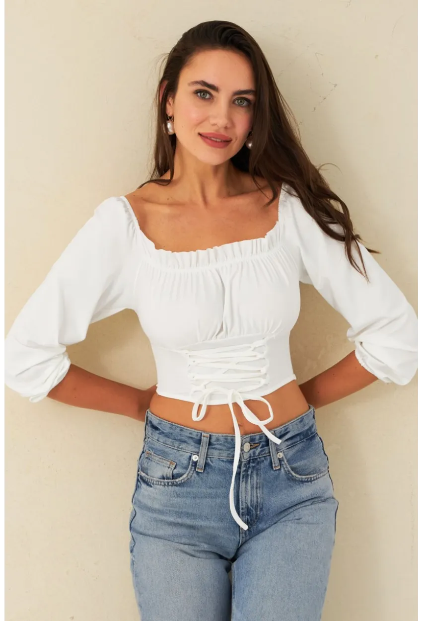 Kadın Beyaz Bağlama Detaylı Crop Bluz CG387
