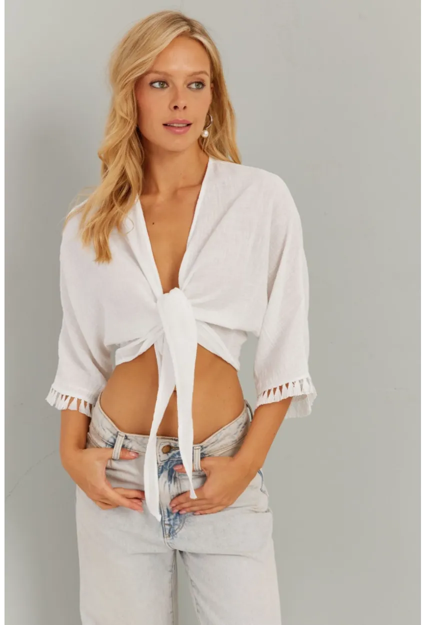 Kadın Beyaz Bağlamalı Bluz KS034