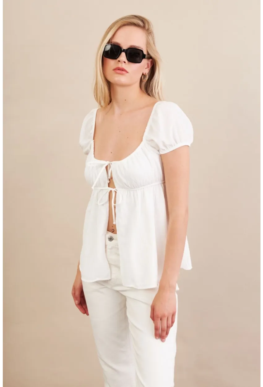 Kadın Beyaz Bağlamalı Rustik Bluz ZH128