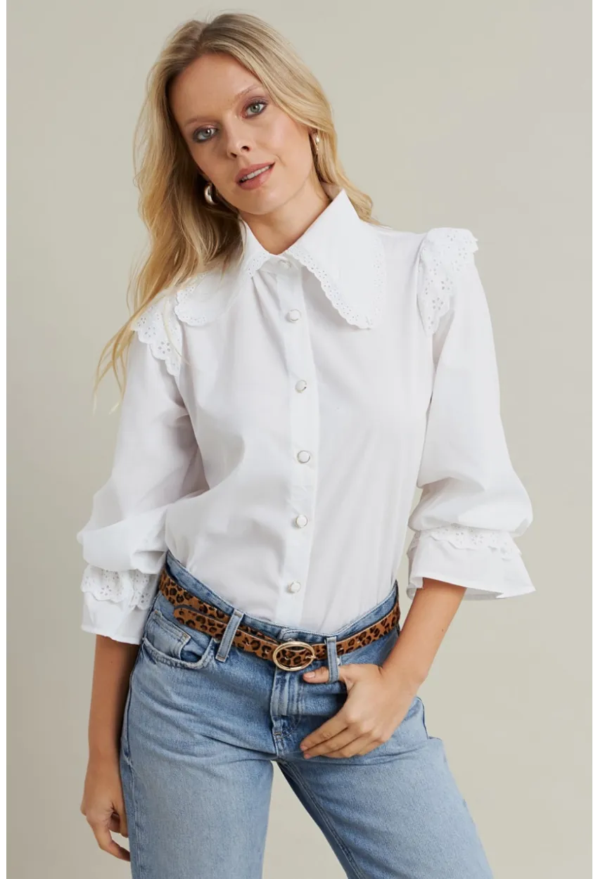Kadın Beyaz Bebe Yaka Dantelli Gömlek MQS1839