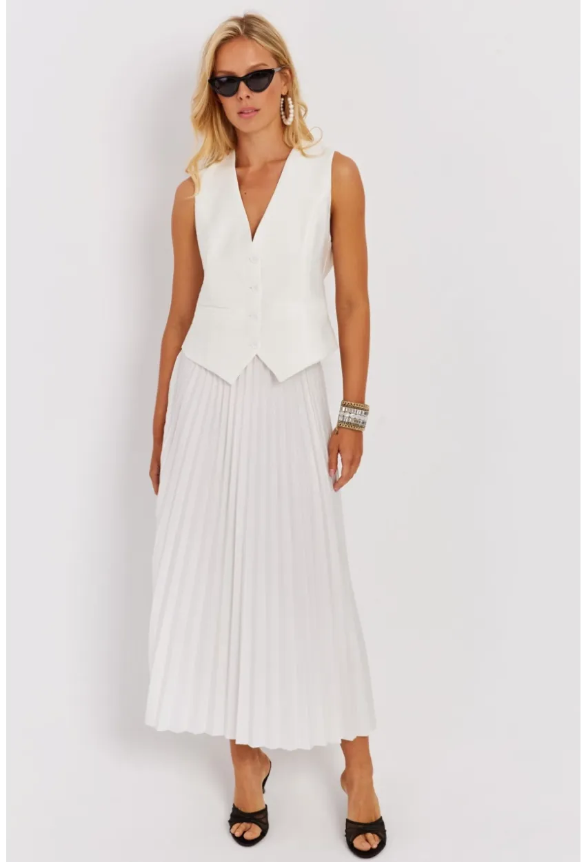 Kadın Beyaz Beli Lastikli Pilise Etek OW145